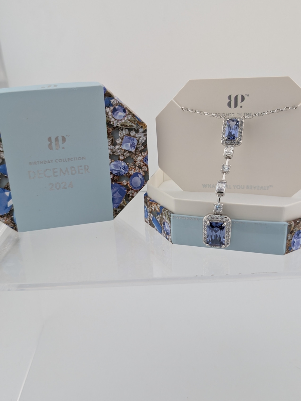 December Birthstone Lariat Necklace — Silver with Blue Crystal